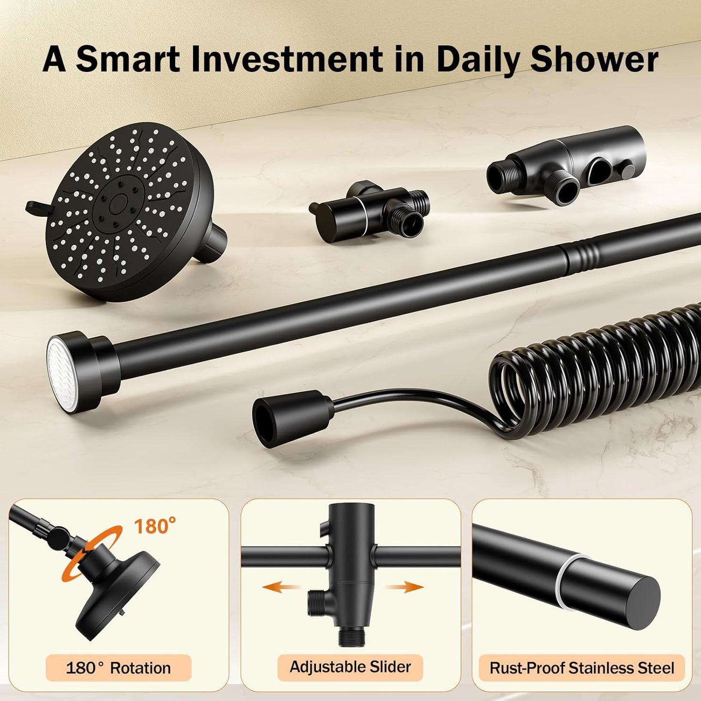 Dual Shower Head with Original Adjustable Slider, High Pressure Double Shower Head for Two People Rod, 2 Showerhead System for Couples, Renter-Friendly, Spa-Like, Gift for Women Men, Black