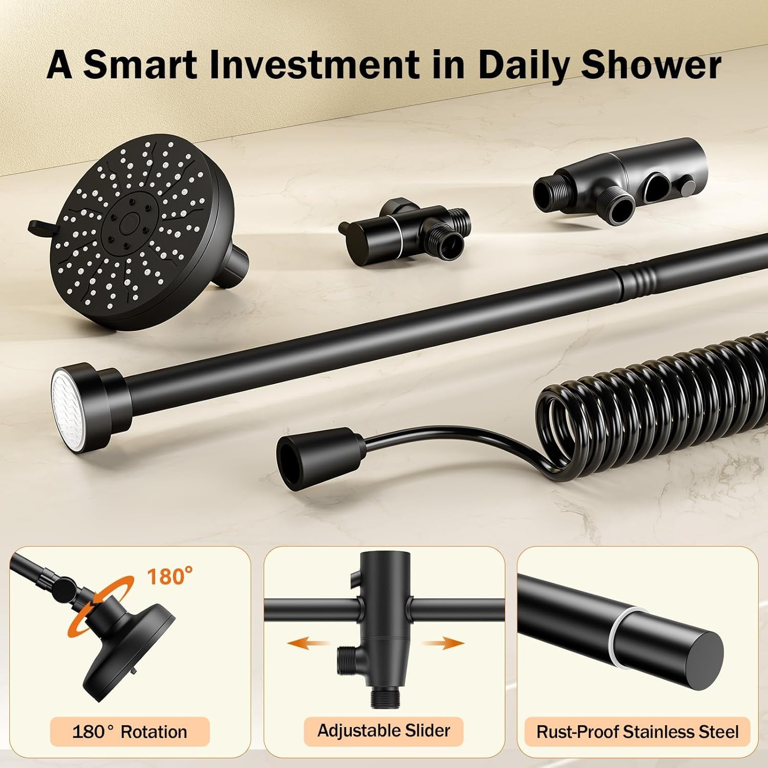 Dual Shower Head with Original Adjustable Slider, High Pressure Double Shower Head for Two People Rod, 2 Showerhead System for Couples, Renter-Friendly, Spa-Like, Gift for Women Men, Black