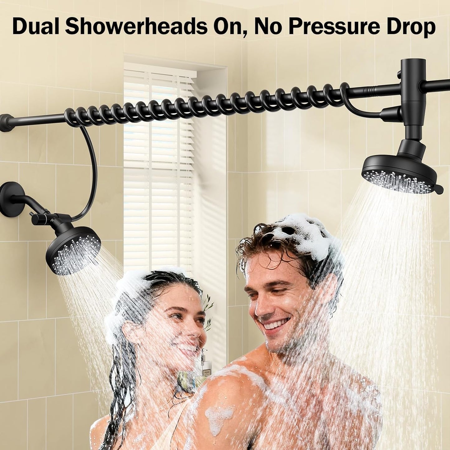 Dual Shower Head with Original Adjustable Slider, High Pressure Double Shower Head for Two People Rod, 2 Showerhead System for Couples, Renter-Friendly, Spa-Like, Gift for Women Men, Black